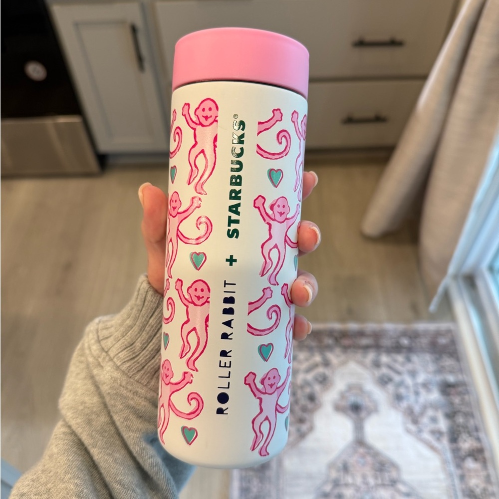 Starbucks Roller Rabbit Pink and White Tumbler with Monkeys